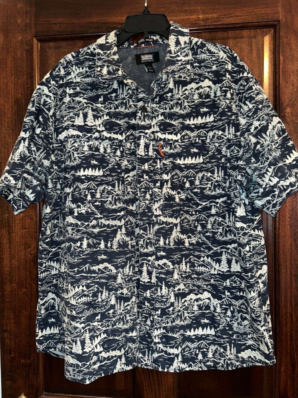 Men's Navy Vented Scenic-Print Short-Sleeve Fishing Button-Down Shirt XL